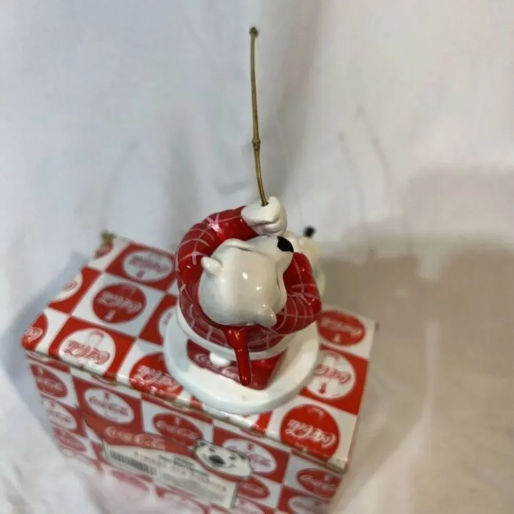 Coca-Cola Always Ice Fishing Ceramic Polar Bear‎ Figurine  - Vintage 1995